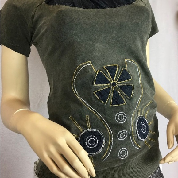 Dark grey denim blue front applications Women’s denim stretchy top short sleeve. - Picture 3 of 9